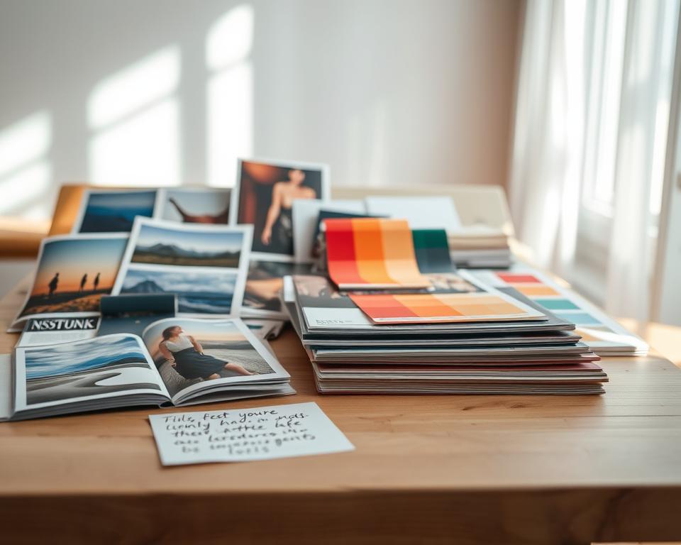 A visually engaging mood board template on a soft wood table, showcasing an organized collection of inspiring images, color swatches, and textures. In the foreground, vibrant magazine cutouts of nature landscapes, fashion styles, and abstract art are artistically arranged, alongside handwritten notes in elegant script. The middle section features neatly stacked color palettes and fabric samples, reflecting a harmonious color scheme. In the background, a soft-focus window lets in natural sunlight, casting warm, inviting shadows. The atmosphere is creative and inspiring, suggesting a space where ideas come to life. Shot with a 50mm lens to create a shallow depth of field, enhancing focus on the mood board elements while keeping the surrounding space gently blurred. The overall mood is one of creativity and inspiration, perfect for generating ideas. A visually engaging mood board template on a soft wood table, showcasing an organized collection of inspiring images, color swatches, and textures. In the foreground, vibrant magazine cutouts of nature landscapes, fashion styles, and abstract art are artistically arranged, alongside handwritten notes in elegant script. The middle section features neatly stacked color palettes and fabric samples, reflecting a harmonious color scheme. In the background, a soft-focus window lets in natural sunlight, casting warm, inviting shadows. The atmosphere is creative and inspiring, suggesting a space where ideas come to life. Shot with a 50mm lens to create a shallow depth of field, enhancing focus on the mood board elements while keeping the surrounding space gently blurred. The overall mood is one of creativity and inspiration, perfect for generating ideas.