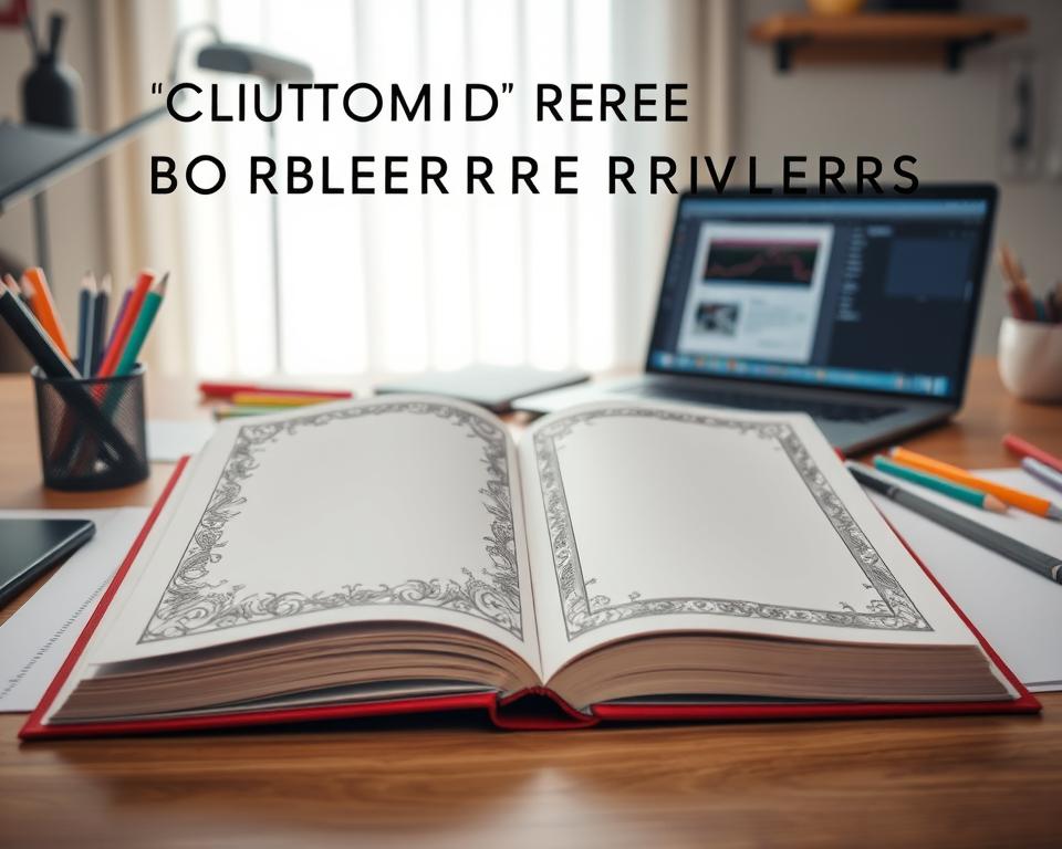 A visually striking composition of custom border graphics designed for page layouts, presented in a professional workspace setting. In the foreground, showcase an open notebook with intricate page borders in various styles—floral, geometric, and minimalist—highlighting their contrast and complexity. The middle layer features a desk with design tools like a ruler, colored pens, and a laptop displaying a digital design software interface. In the background, soft natural light filters through a window, casting gentle shadows that enhance the textures of the borders. The overall mood is creative and inspiring, inviting viewers to explore design possibilities while conveying the importance of avoiding common mistakes in creating borders. The image should be bright, engaging, and free from any text or logos.