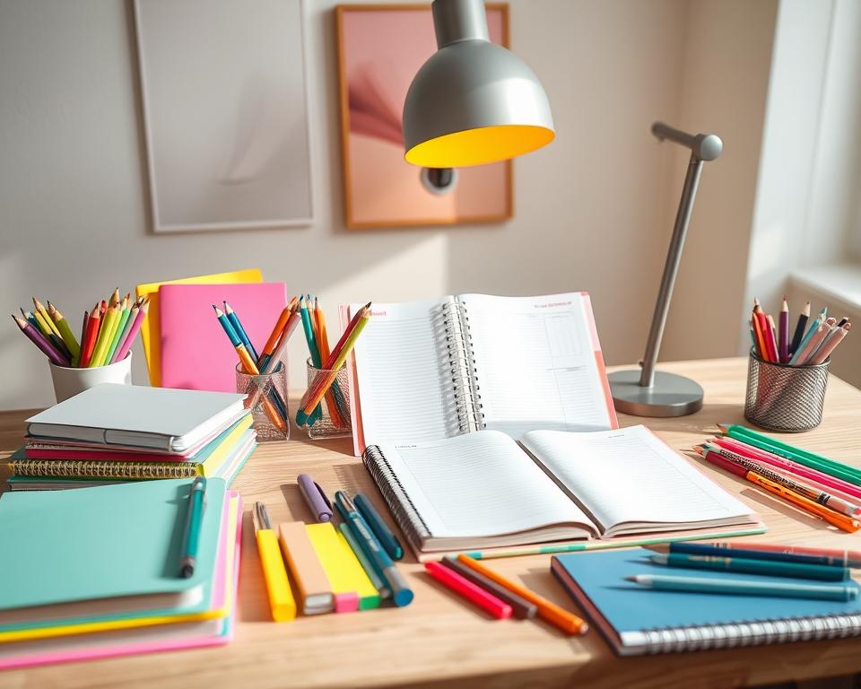 A well-organized desk scene showcasing an array of budget-friendly stationery items. In the foreground, include neatly arranged colorful journals, vibrant sticky notes, and stylish pens, exuding creativity and affordability. In the middle, display a pencil holder filled with assorted writing tools, and a planner opened to a beautifully organized page. The background should feature soft pastel-colored wall art and a cozy lamp casting warm, inviting light, creating a productive atmosphere. The lighting should be natural, simulating morning sunlight to enhance the cheerful and inspiring mood. Capture this from a slightly elevated angle to provide a comprehensive view of the tabletop arrangement while ensuring the details remain sharply in focus.