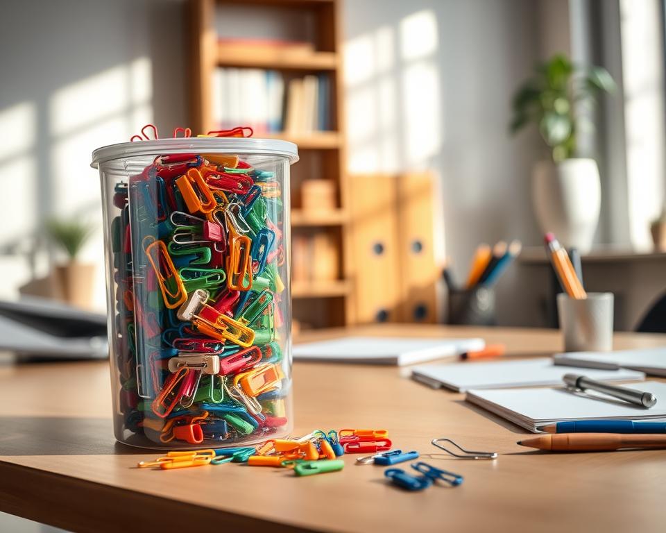 A well-organized storage solution filled with an assortment of bulk binder clips in various colors and sizes. In the foreground, a transparent plastic container showcases the binder clips, neatly arranged by size and color, with some clips partially spilling out, adding a dynamic element. The middle ground features a clean wooden desk, with office supplies like pens and notepads subtly placed around, emphasizing a tidy workspace. The background includes a softly blurred bookshelf filled with books and a potted plant, creating a calming atmosphere. Natural light streams in from a nearby window, casting gentle shadows that enhance the textures of the binder clips and workspace. The overall mood is professional, organized, and inviting, perfect for an office setting.