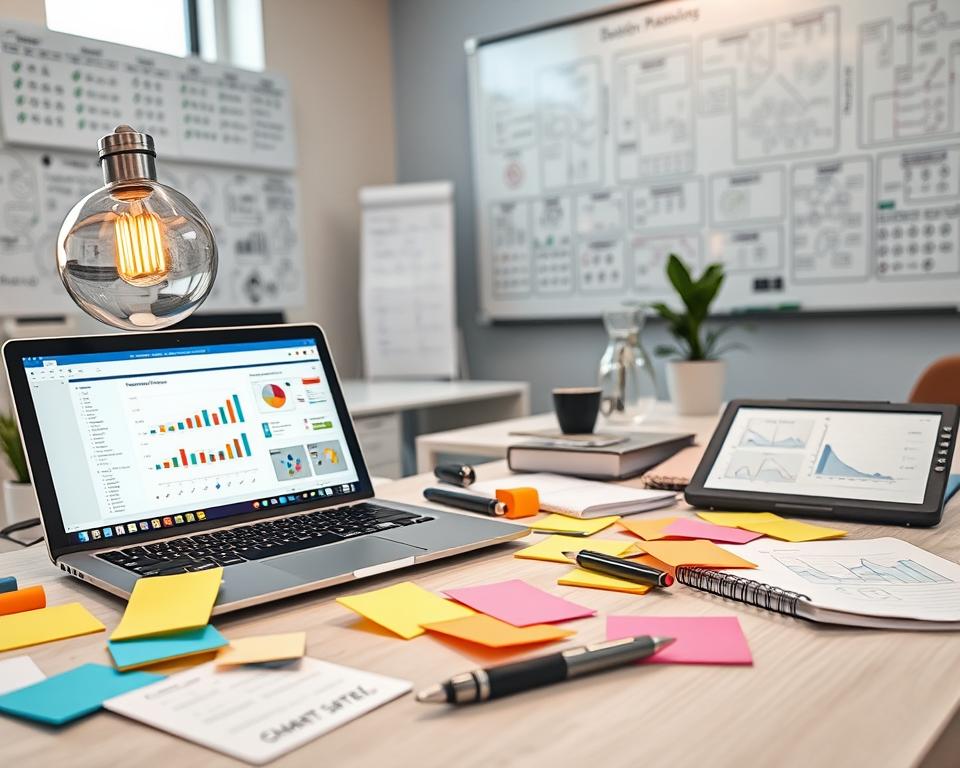 An organized workspace featuring a collection of functional planning tools. In the foreground, a sleek laptop displays a colorful, dynamic project management software interface with charts and timelines. Scattered around are neatly arranged sticky notes in various colors, a planner with hand-written notes, and a high-tech digital tablet showcasing graphs. In the middle ground, a clear glass desk lamp emits a warm light, illuminating a few technical gadgets like a smart pen and a pocket calculator. The background includes a large whiteboard filled with diagrams and mind maps. The atmosphere is professional and focused, with a soft, natural light filtering in from a window. The scene conveys a sense of productivity and organization, perfect for the subject of functional planning.